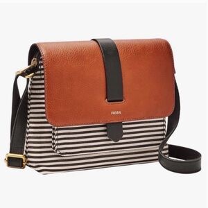 Fossil Striped Canvas Crossbody with Brown Leather Flap